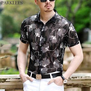 Feuilles broderie dentelle Chemise hommes Sexy Slim Fit hommes chemises habillées transparent Club fête bal Social Chemise Chemise 3XL 210522