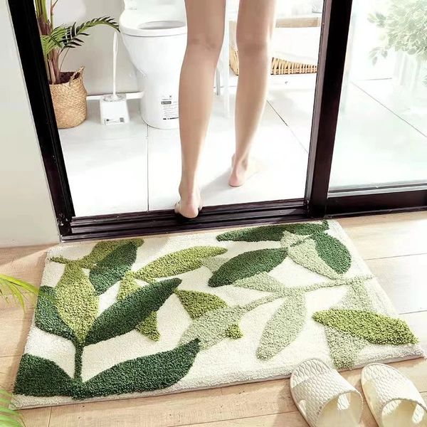 Alfombra de baño flocada verde con hojas, alfombra de baño de microfibra absorbente antideslizante, alfombra de puerta de entrada para el hogar, alfombra de baño súper suave Tapijt 240226