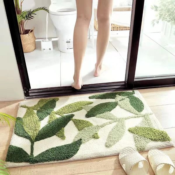 Alfombra de baño flocada verde con hojas, alfombra de baño de microfibra absorbente antideslizante, alfombra de puerta de entrada para el hogar, alfombra de baño súper suave Tapijt 240312