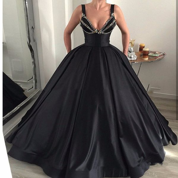 Liban 2018 noir gonflé robes De bal avec poches Sexy col en v profond longues robes De bal cristal perlé robes De bal Robe De soirée