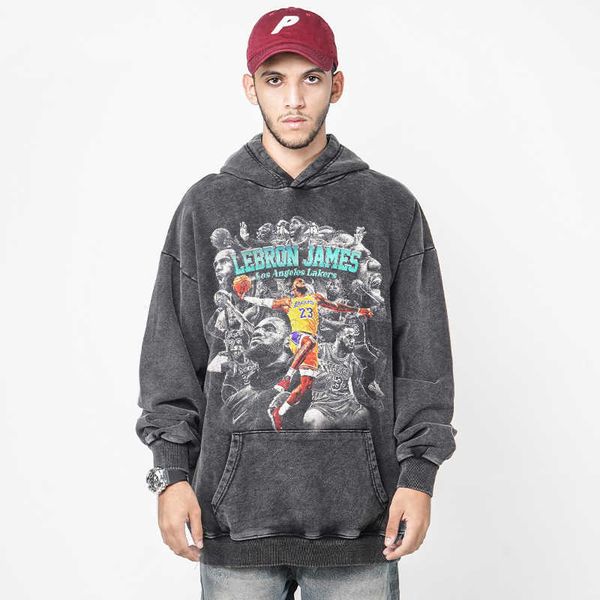 Lebron James American Impreso Lavado Viejo Sudadera Unisex Suelta Con Capucha