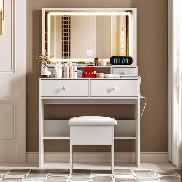 LECEVOCY Miroir lumineux LED et prise de courant, ensemble coiffeuse avec tabouret de rangement, 4 tiroirs blancs pour chambre à coucher