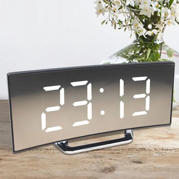 Reloj de alarma LED niños digitales relojes electrónicos de pantalla curvada temperatura del espejo con escritorio de función de repetición 240320