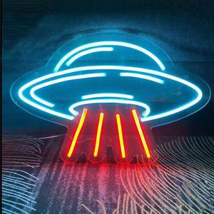 LED Alien Ruimteschip Licht Wanddecoratie UFO Vormige Led Teken Slaapkamer Decor Dimbare Neon Borden Voor Party Boy Gift HKD230706