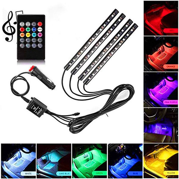 Luces de barra LED 4 en 1 Coche interior Atmósfera Lámpara Interior Decoración Iluminación RGB RGB Control remoto inalámbrico de 16 colores 5050 Chip 12V Charming Encantador