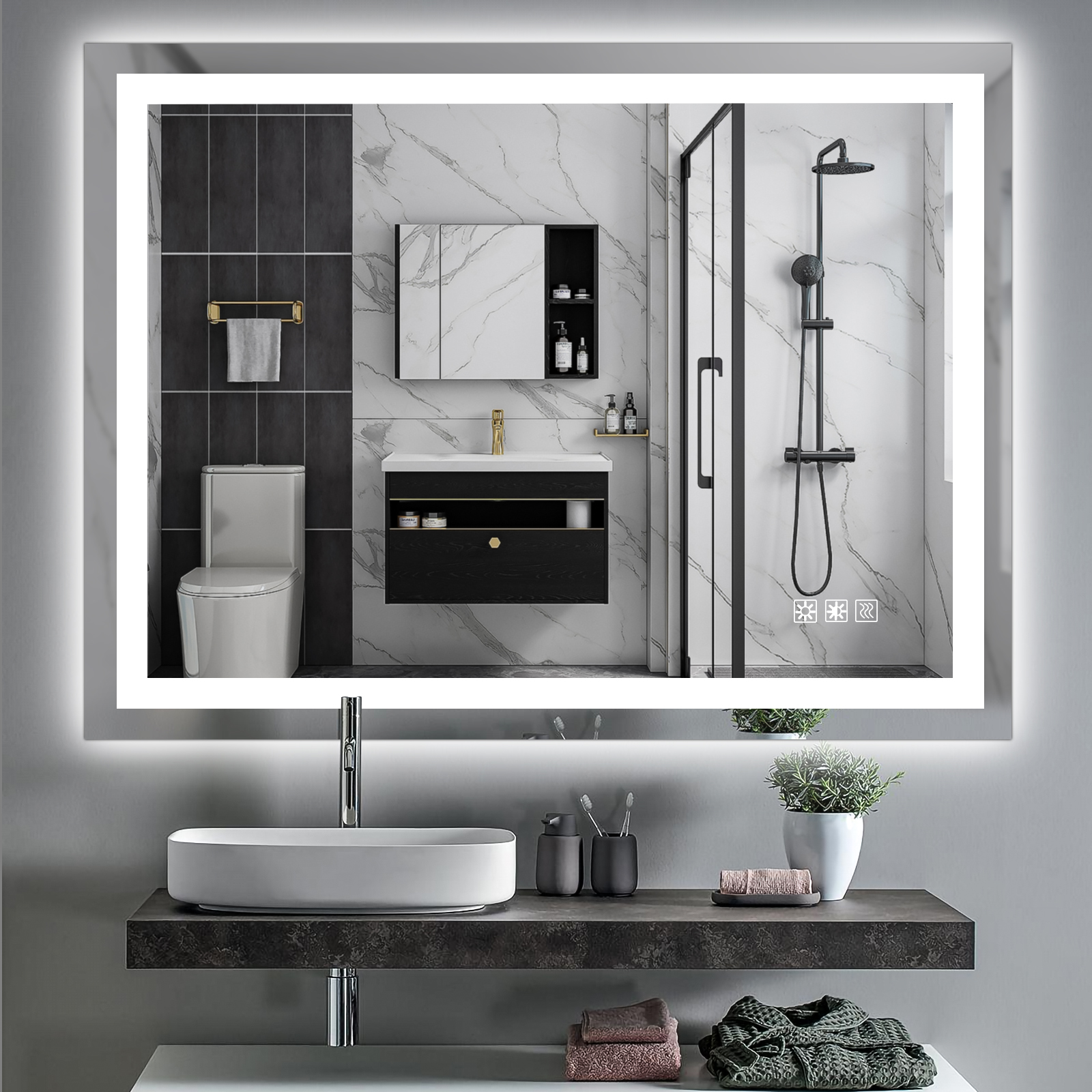 Miroir de salle de bains à LED 48x 36 pouces avec lumières, miroir de vanité de salle de bains à gradation anti-buée