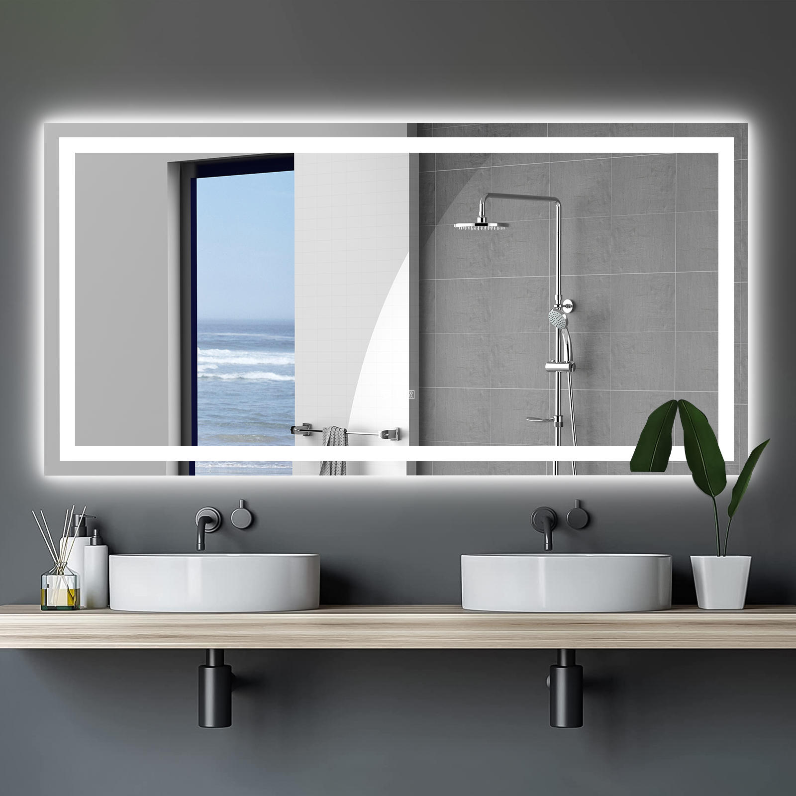 LED 욕실 거울 72x36 인치 조명, 안티 포그 디밍 LED 욕실 세면대 거울