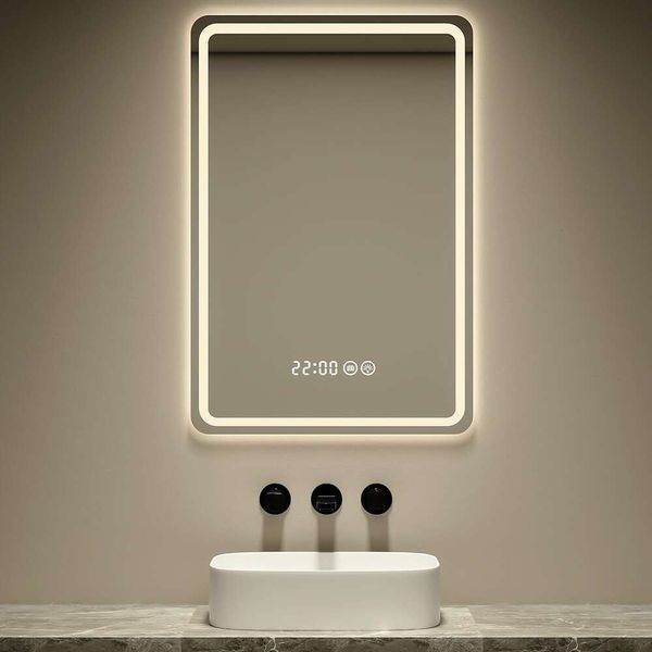 Espejo de baño LED ajustable de 3 colores y 3 luces, espejo de tocador inteligente con iluminación antivaho montado en la pared, con pantalla de tiempo y temperatura (50,8 cm x 71,1 cm)