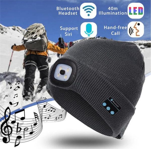 LED Bonnets Bluetooth Haut-Parleur Chapeaux Casque Sans Fil Bonnet De Neige Pour Adultes Hommes Femmes Hiver Tête Chaud Noir Gris Couleur Cheveux Bo9416971