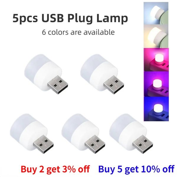 Bombillas LED 5pcs Mini Lámpara de enchufe USB 5V Super brillante Protección ocular Luz de libro Computadora Carga de energía móvil USB Pequeña luz de noche LED redonda