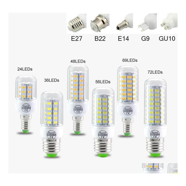 Bombillas LED Smd5730 E27 Gu10 B22 E12 E14 G9 Lámpara 7W 9W 12W 15W 18W 110V 220V 360 Ángulo Bb Luz de maíz Gota Luces de entrega Iluminación Bbs Dhrvf