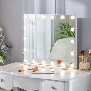 Espejo de tocador con bombillas LED y luces de maquillaje, espejos grandes con iluminación Hollywood, 18 bombillas LED para dormitorio, mesa, montado en la pared, blanco