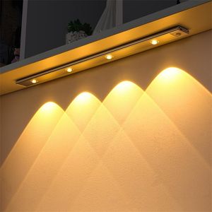  Luz LED para armario, 3 colores, CCT, Sensor de movimiento de aluminio, luz nocturna, recargable por USB, ultrafina, 20cm, 30cm, 60cm, 80cm