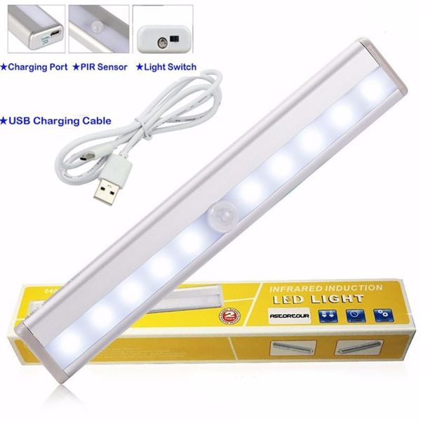 Luces LED para armario, lámpara inalámbrica recargable con batería de litio USB, barra de luz con detección de cuerpo, tira magnética, lámpara de armario de luz de pared