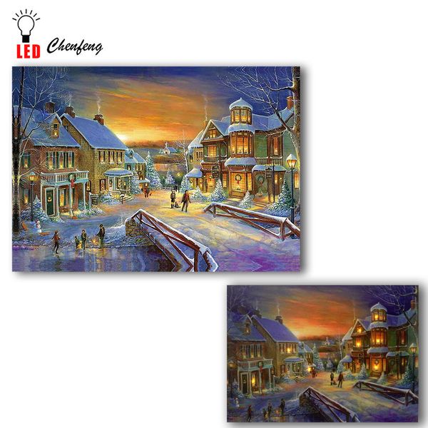 Led toile d'impression d'art nuit de la ville de Noël en hiver photo murale Illuminez la toile Peinture allumez des affiches d'impression cadeau de vacances T200118