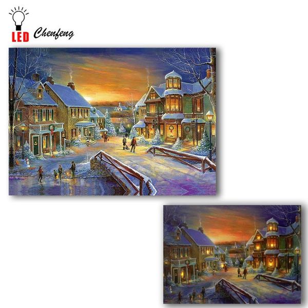 Impresión de arte de lienzo LED Noche de ciudad de Navidad en invierno imagen de pared Iluminar lienzo Pintura iluminar carteles imprimir regalo de vacaciones T2191v