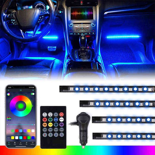Retroiluminación interior del coche LED con encendedor de cigarrillos USB Ambiente ambiente Luz de humor RGB Aplicación remota Auto Pie Lámpara decorativa Y220708