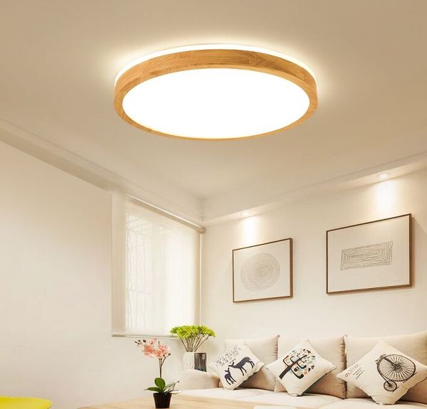 Techo de luz LED de madera plaza de Ronda para sala de estar dormitorio iluminación de la superficie interior montado en la lámpara de control remoto regulable MYY