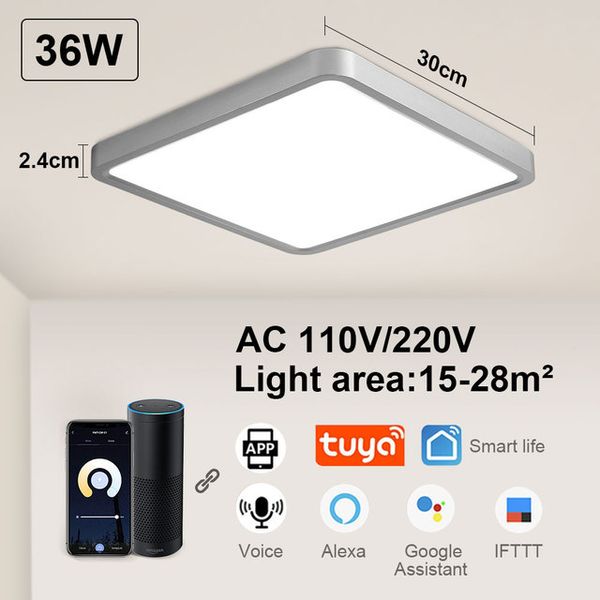 Lámpara LED de techo con aplicación Alexa, Control remoto por voz, cuadrado, 24w, 36w, Panel moderno para sala de estar, dormitorio, cocina, iluminación interior