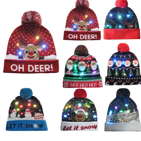 LED noël tricoté pompon bonnet chapeau pull hiver Ftival casquettes lumineuses enfants adultes fête de noël cadeaux casquettes