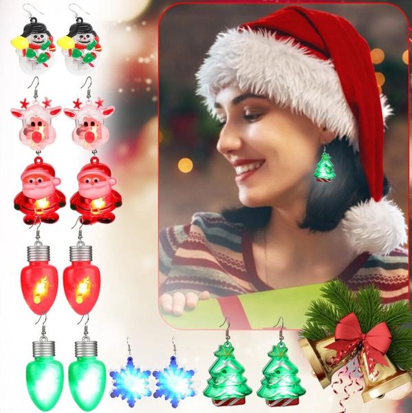 Boucles d'oreilles pendantes en acrylique pour arbre de noël LED, bijoux de fête pour femmes, père noël, homme de neige, tête d'orignal