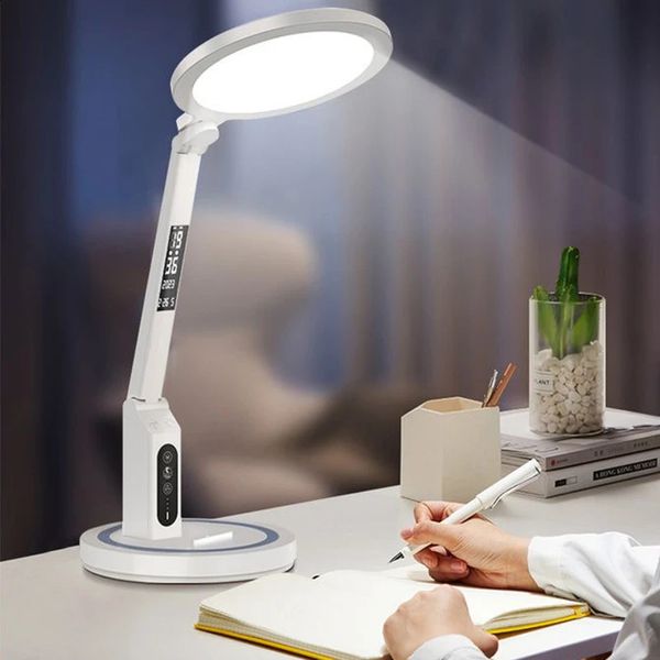 Lámpara de mesa con reloj LED, recargable por USB, regulable, luz de escritorio, plegable, protección para los ojos, lectura nocturna, 240125