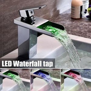LED Color Change Waterfall Basin Faucet Chrome Polished Single Handle Faucet Bathroom Sink Cold And Hot Mixer Tap