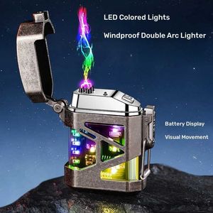 Briquet à Double Arc coupe-vent avec lumières colorées LED, Design Mecha, charge de Type C, affichage du niveau de batterie, allumeur, cadeau pour hommes