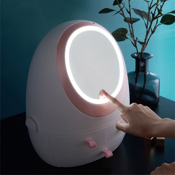 LED Cosmétique Boîte De Rangement HD Miroir Maquillage Organisateur De Bureau Détachable Protable Creative Beauté Cadeaux De Noël 211102