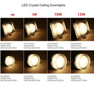 LED-kristal plafondlampen verzonken rond/vierkant downlight 1W 5W 10W LED Decor Decor Downlight AC85-265V Gange gangpadverlichting