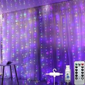 Luces de hadas de cortina LED 3m x 3m Control remoto 8 modos de iluminación Luz de cadena alimentada por USB para dormitorio, vacaciones, Navidad, decoración de fiesta colorido 300 LED