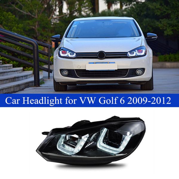 Luz LED de conducción diurna para coche VW Golf 6, señal de giro dinámica, lente de Luz De Carretera, conjunto de faros 2009-2012