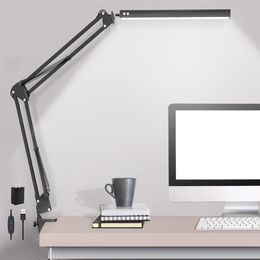 Lámpara de escritorio LED, lámpara de escritorio con brazo oscilante ajustable con abrazadera, luz de escritorio regulable, luz de mesa para el cuidado de los ojos, función de memoria, 3 modos de color