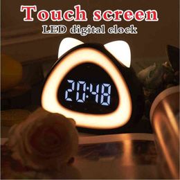 Led Digital Alarm Clock Table Cock Electronic Cock Reloj de noche Luz de noche Lámpara de despertador Escritorio con termómetro controlado por sonido 211112