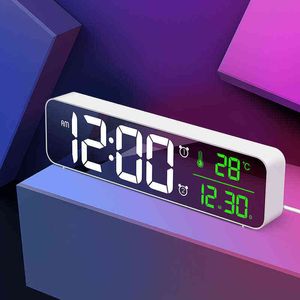 LED réveil numérique montre pour chambres à coucher table numérique snooze électronique USB miroir de bureau horloges décoration de table à la maison 211112