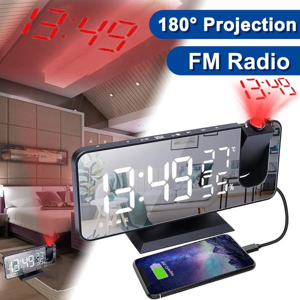 LED Réveil de Projection Numérique Réveil Électronique avec Projection Radio FM Projecteur de Temps Chambre Chevet Horloge Muette 240118