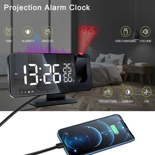 Reloj despertador de proyección digital LED para proyección de dormitorio en el techo Radio FM Cargador de teléfono USB Proyector de tiempo Reloj fuerte dual L230621