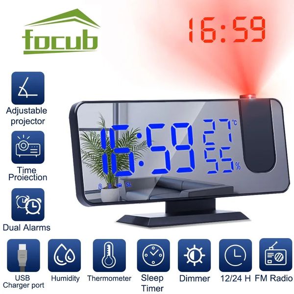 LED Réveils de projection numérique USB Projecteur de plafond électronique Horloge avec radio FM pour chambre à coucher Bureau de chevet 240320