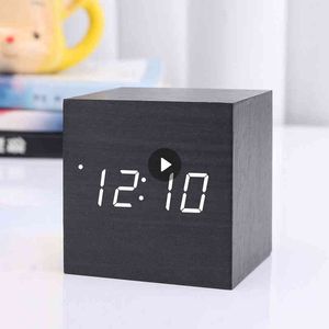 LED Digitale Houten Klok Alarm Cube Timer Kalender Thermometer Voice Control Anti-Snooze Desktafel Gereedschap Woondecoratie Gift