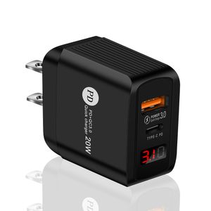 LED-display 20W Type C PD Wall Charger Snelle lading Adapter USB-C QC 3.0 EU US UK Snel opladen met doos voor smartphone