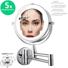 Miroir de maquillage d'agrandissement double face LED, 6,0 "15 cm de diamètre 1x / 5x Mur à paroi réglable 360 Miroir pivotant extensible rotatif