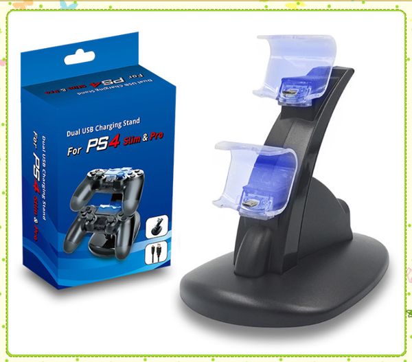 Soporte de carga USB con cargador dual LED para PlayStation 4, PS4, Xbox One, controlador inalámbrico para juegos con caja de venta al por menor MQ100