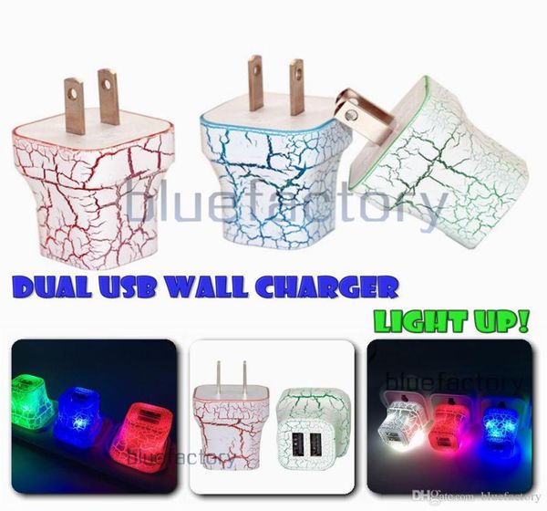 LED Double chargeur mural USB Fissure de style couleur éclat d'éclairage 5V 1A 2A AC Adaptateur de charge de charge à la maison pour iPhone Samsung HI7554997