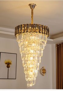 LED E14 Luxe Cristal Doré Long Lustre Duplex Bâtiment Creux Luminaire Suspendu Grande Lampe Moderne Villa Hall Escaliers