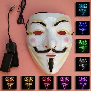 LED EL Neon Face Mask Anonymous Vendetta Guy Fawkes Light Up Glow Fancy White Plastic Halloween Cosplay Party Costume Masque Masquerade