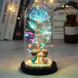 LED Enchanted Galaxy Rose Eternal 24k Gold Foil Flower met Fairy String Lights in Dome voor Kerst Valentijnsdag Gift 210706