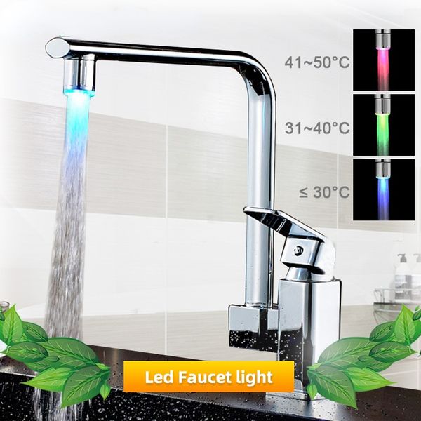 Robinet LED Robinet Illuminée Buse de robinet de couleur pour salle de bain Robinet Tuyau de douche de douche à main Capteur de cuisine en acier inoxydable