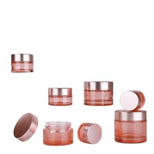 Vaso di vetro rosa Vasetti vuoti di crema per il trucco Bottiglie di contenitori per campioni da viaggio con fodere interne e coperchi in oro rosa per balsamo per labbra crema lozione