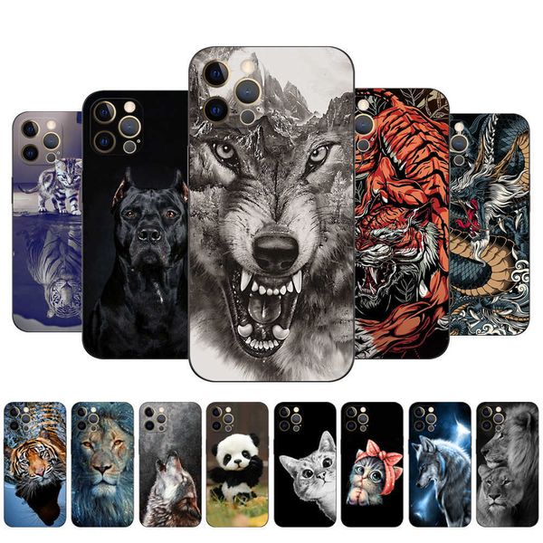 Pour Iphone 12 Case Mini Pro Max Cover Apple IPhone12 12Pro Bumper Black Tpu Case Lion Wolf Tiger Dragon