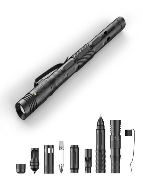 Lampe de poche LED stylo tactique d'inspiration militaire Multitool auto-défense pour femmes hommes brise-verre décapsuleur stylos à bille Batt1866645